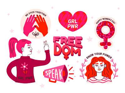 Women's Day Stickers character design doodle feminism feminist free download freebie freedom grlpwr kawaii stickers vector illustration women empowerment women in illustration womens day