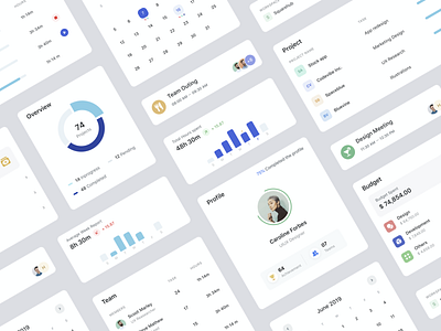 UI Components blue board budget calender card design events grey icon minimal overview profile progress project report team uidesign ux workspace