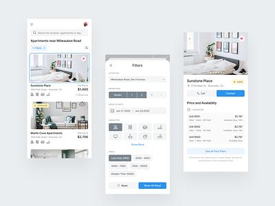 Residential App amenities blue calender card design favourite filters grey icon minimal mobile apps product design rating redesign rental rental app responsive design typography ui ux