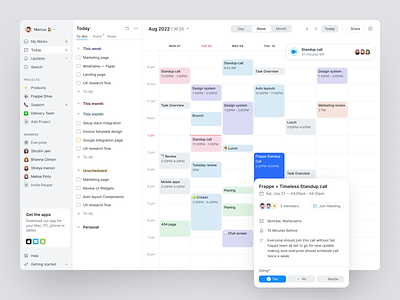Frappe - Calendar apps blue calender card design grey icon minimal popups sidebar slots tabs todo ui ux webapp