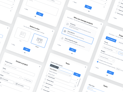 Onboarding Screens — Time Tracking Application blue card create project design graphic grey icon illustration minimal model onboarding screen task timetracking typography ui ux web