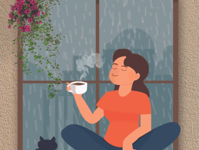 Girl in rain having coffee