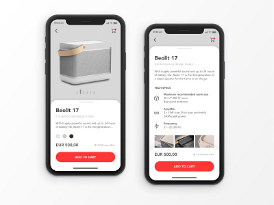 B&O Product Details App Concept app audio card gray product product card product detail product page red sketch ui user interface