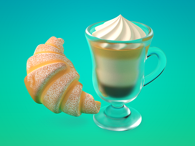 Latte & croissant 3d design food illustration