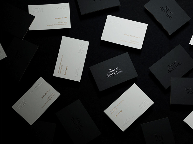 Show Don't Tell. black and white branding business cards light mohawk owen jones photography portland show dont tell