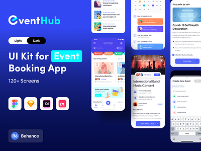 Event App UI Kit Presentation- EventHub app design behance prresentation creative event event booking event booking ui kit event management event ui kit eventapp illustration landing page mobile app mobile design mockup presentation ui ui kit