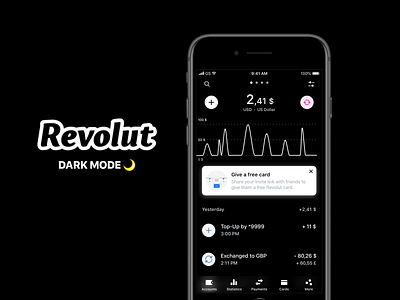 Dark Mode in Revolut black dark mode design finance fintech ios iphone mobile app mockup money redesign revolut ux