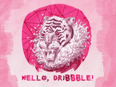 Hello, Dribbble! art creative debut digital dribbble hand drawn mixed media pink sketch tiger traditional media