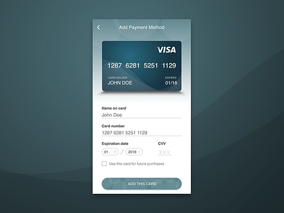 Daily UI #002: Credit Card Checkout 100 day ui challenge app blue credit card daily ui challenge debit card design green mobile mobile app payment method teal ui ui design ux visa waves