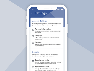 Daily UI #007: (Facebook) Settings 100 day ui challenge app app concept blue daily ui 007 daily ui challenge design facebook facebook settings mobile mobile app settings ui ui design