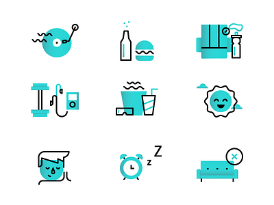 10 Steps alarm beer burger couch gradient icons iconset ipod line popcorn record sun weights