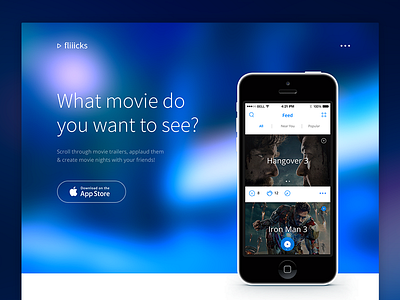 fliiicks Landing Page app comment fliiicks ios iphone landing page movie app play share trailer user interface web