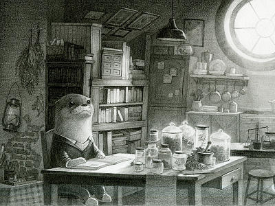 Mr. Otter's house cartoon design illustration pencil sketch picture book