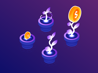 Money Growth process. dollar flat growth icon illustration isometric money neon vector violet