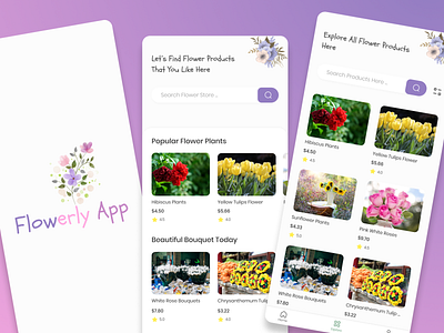 Flowerly App - Splash Screen, Home and Explore Design app design explore screen flower home screen ui ui design mobile app