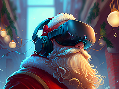 Example 2 santa clause wearing Oculus Quest headphones 3d animation design graphic design illustration