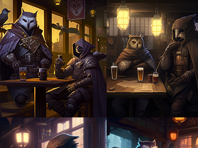 owl-man and shadowpriest sitting in tavern, cowded place, anime 3d animation design graphic design illustration