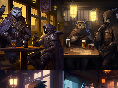 owl-man and shadowpriest sitting in tavern, cowded place, anime