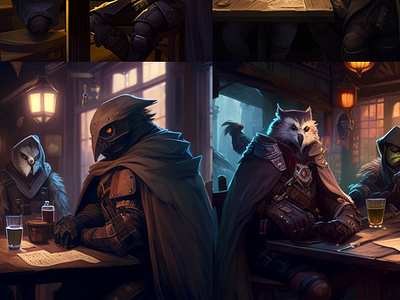 owl-man and shadowpriest sitting in tavern, cowded place, anime 3d animation design graphic design illustration