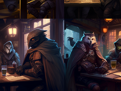 owl-man and shadowpriest sitting in tavern, cowded place, anime