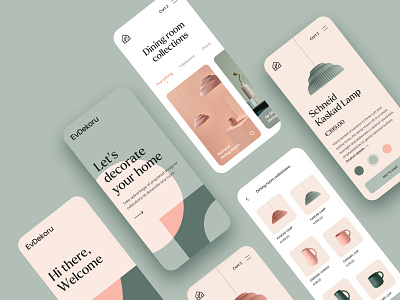 EvDekoru App UI app branding collections ecommerce grid home decor interior interior design lamp olive onboarding onboarding ui product card product page shop store typography ui