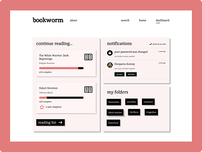 Bookworm: a website to read and manage ebooks admin app branding dashboard design designer ebook graphic design illustration inspiration logo reading search social typography ui userinterface ux web design website