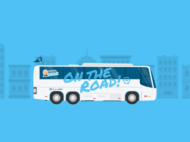 On The Road! 3d animation bounce bus city design flag forms graphic motion on the road revenuewell
