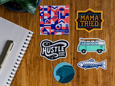 Stickers for sale geometric hand lettering hustle mama tried pontiac sketches stickers trout van