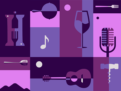 Highlands Food & Wine Festival branding branding system collage color design festival food and wine geometric graphic design icon identity illustration logo music negative space pattern positive space purple system vector