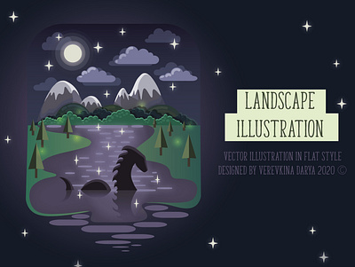 FLAT MONSTER LANDSCAPE ILLUSTRATION flat flat illustration landscape loch ness monster night vector vector illustration