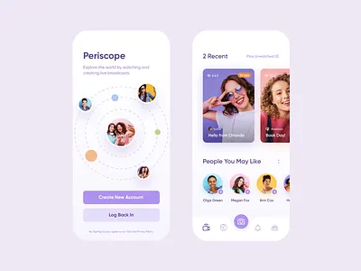 Periscope Redesign app cards home live menu mobile onboarding people periscope redesign screen streaming ui video welcome