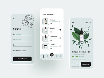 Cosmetics Mobile App UI Kit app beauty cosmetics e-commerce ecommerce home iphone kit makeup menu mobile natural product register shop sign up skincare store ui welcome