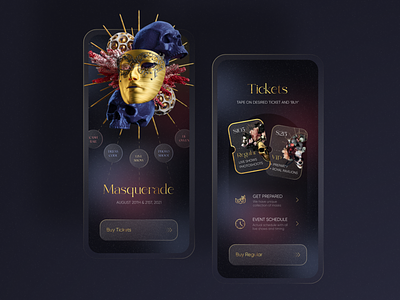 Masquerade Mobile App 3d app application ball dark event gold iphone mask masquerade mobile onboarding party performance skull theater theatre ticket tickets ui