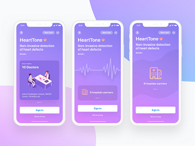 Start Screens for HeartTone App 💜 app clinic doctor health heart hearttone hospital illustration medical medicine mobile ui