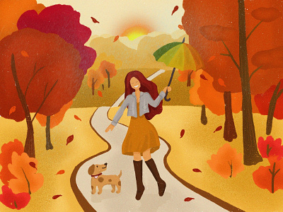 These beautiful days... art autumn cartoon character dog drawing fall friendship fun girl happy illustration joy park play puppy rain sun weather woman