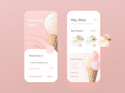 Ice Cream app application cream ecommerce food home ice cream icecream iphone iphone x log in mobile order pastel screen shop sign in topping ui welcome
