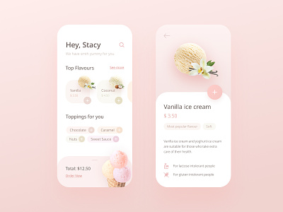 Ice Cream - Part 2 app application cream ecommerce flavor food ice cream icecream iphone iphone x mobile order pastel pink screen topping ui vanilla