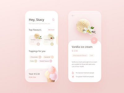 Ice Cream - Part 2 app application cream ecommerce flavor food ice cream icecream iphone iphone x mobile order pastel pink screen topping ui vanilla