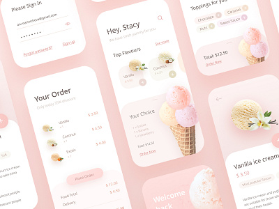 Ice Cream - Part 3 app app design application delivery ecommerce flavor food ice cream iphone iphone x mobile mobile app order pastel shopping sign in slider ui vanilla welcome