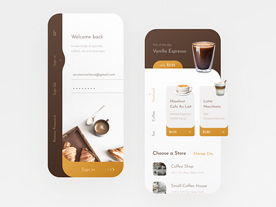 Coffee Shop Mobile App app buy cafe coffe coffee drink ecommerce espresso food iphone iphone x login menu mobile app order shop sign in store ui welcome