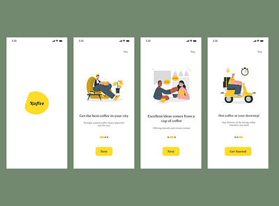 Onboarding Flow app branding coffee company delivery design graphic design illustration minimal mobile onboard simple ui ux yellow