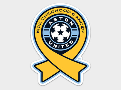 Aston United - Kick Childhood Cancer Magnet ball blue branding cancer identity logo ribbon roundel shield soccer star yellow