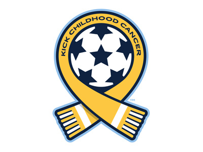 Aston United - Kick Childhood Cancer Logo Alternate ball blue branding cancer identity logo ribbon scarf soccer star yellow