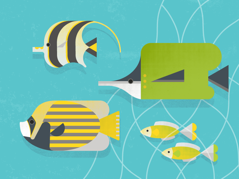 Fish Entourage fish fishes green illustration net ocean sea yellow