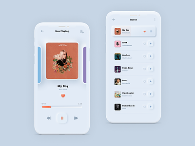 Music Player - Soft UI 3d clean design gradient interface like love minimal mobile music play player queue simple skeumorph skeumorphism soft ui ui