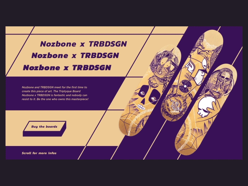 Nozbone x TRBDSGN animation board concept purple skate skateboard transition web website yellow