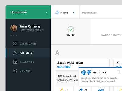 Homebase Health App analytics dashboard din health medical navigation ui ux