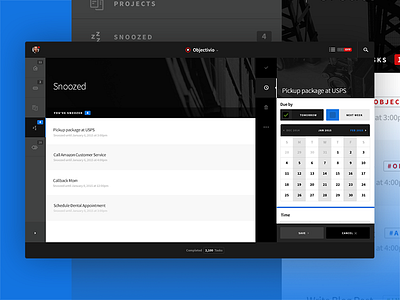 Snoozing Tasks UI dark dashboard flyout management navigation objectivio product design sans source task ui ux