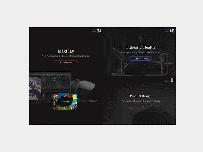 Issues - Grid Animation dark fitness gaming health marketing meta serif portfolio ui vr