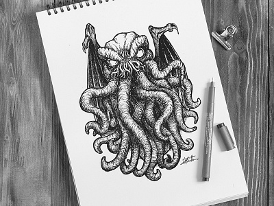 Cthulhu afraid black handmade illustration ink lovecraft monster paper pen the call of cthulhu white